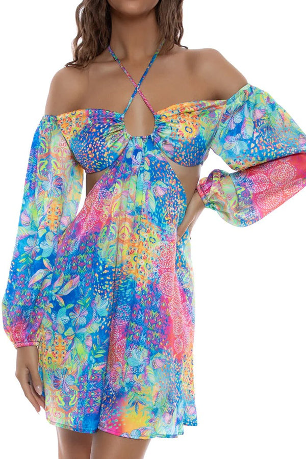 Luli Fama Deco Gardens Halter Long Sleeve Cut Out Short Dress